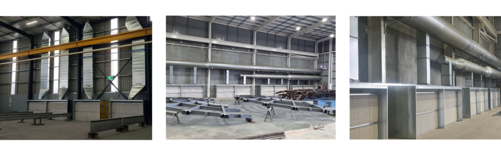 A New Zealand Manufacturer factory site with extractors and extraction units for a designated spray area for fibreglass spray